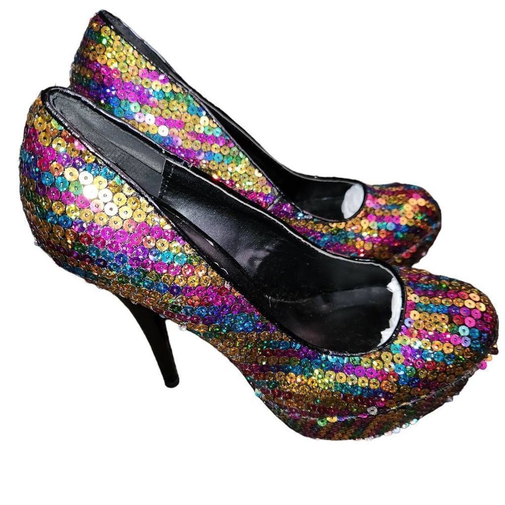 Deb Women's Multi Colored Rainbow Pride Sequin Platform Stiletto Heel Pumps Size